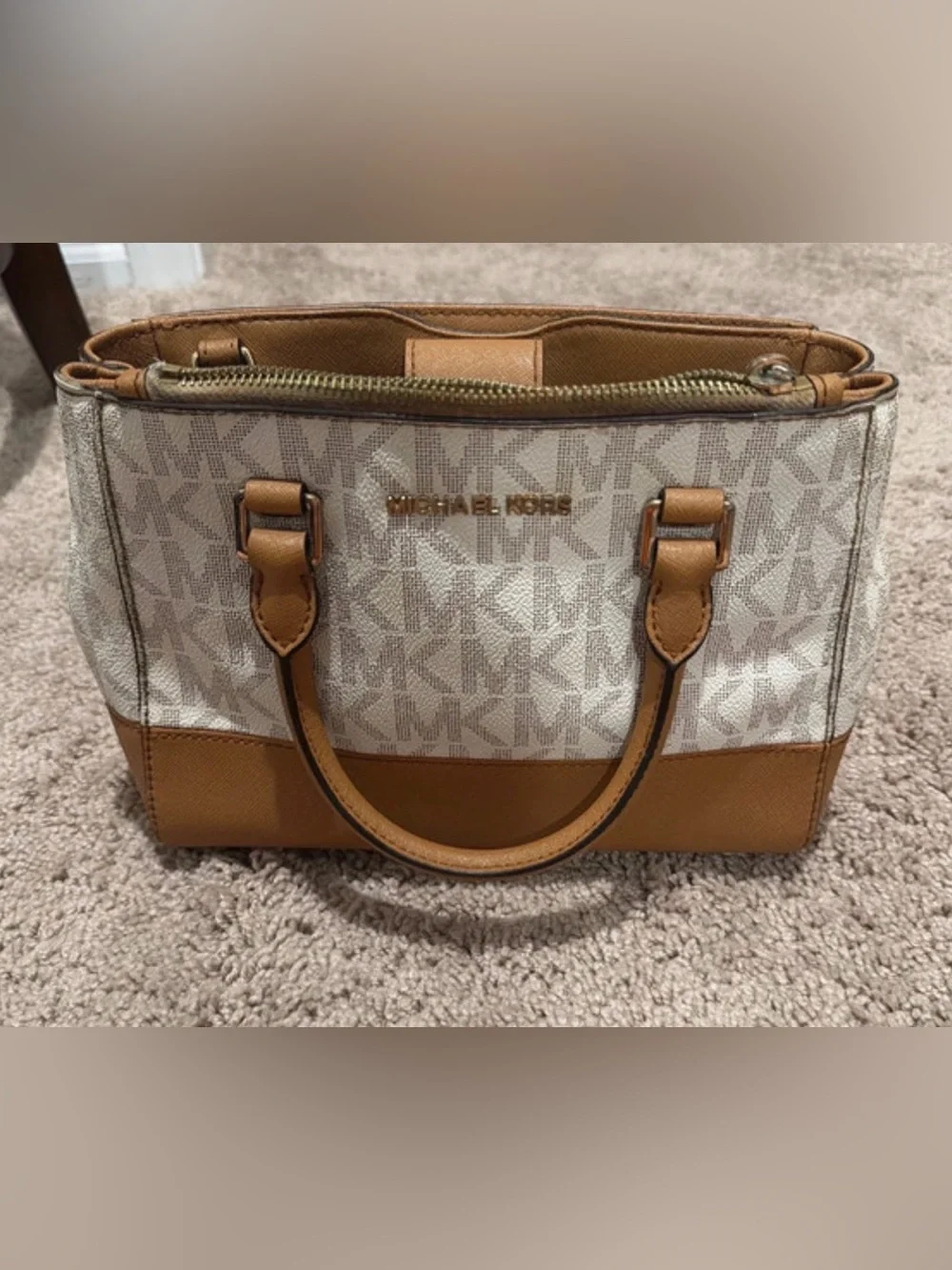 Michael Kors Cream Logo Canvas Satchel with Brown Trim